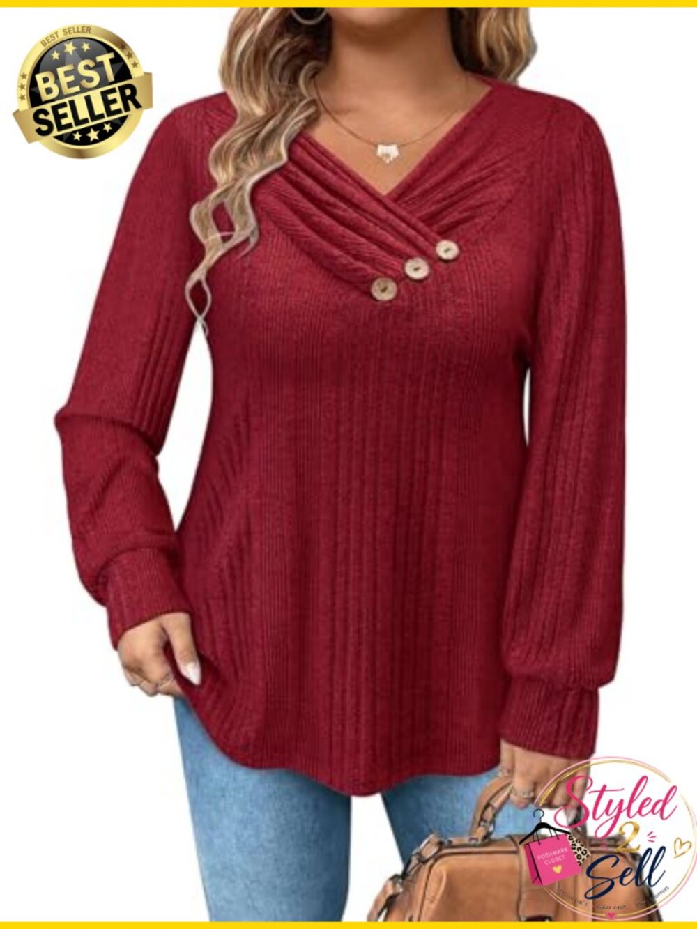 Women's Plus Size V Neck Sweater Tunic with Buttons Pleated Long Sleeve
